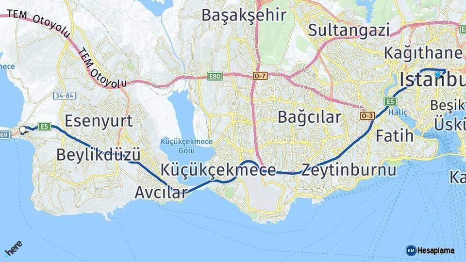 İstanbul Büyükçekmece Arası Kaç Km - Yol Haritası