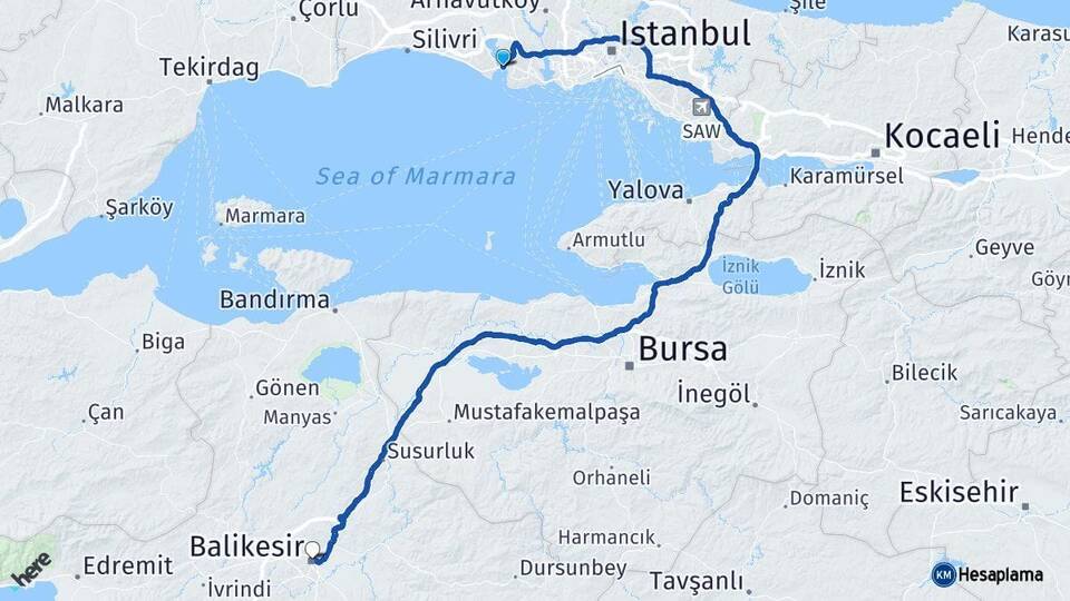 İstanbul Büyükçekmece Balıkesir Arası Kaç Km - Yol Haritası