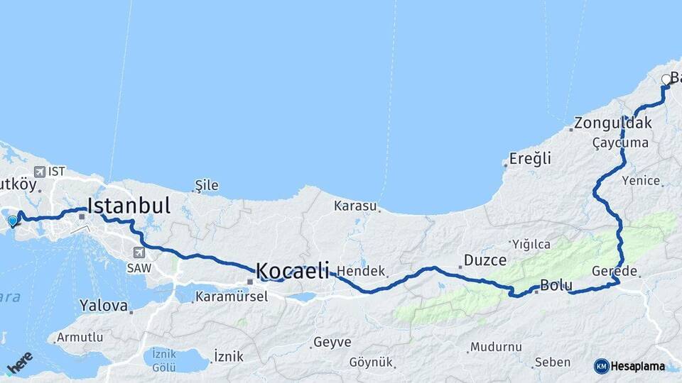 İstanbul Büyükçekmece Bartın Arası Kaç Km - Yol Haritası