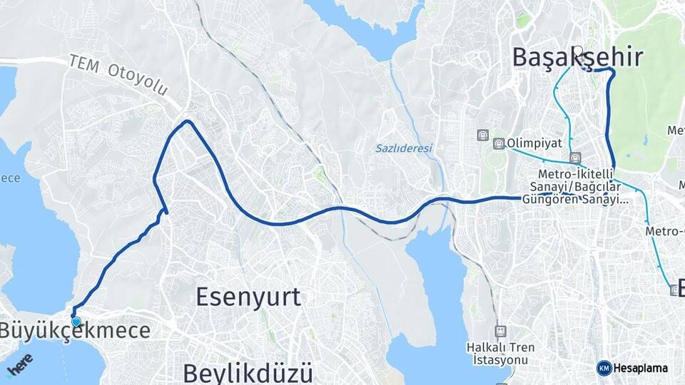 İstanbul Büyükçekmece Başakşehir Arası Kaç Km - Yol Haritası