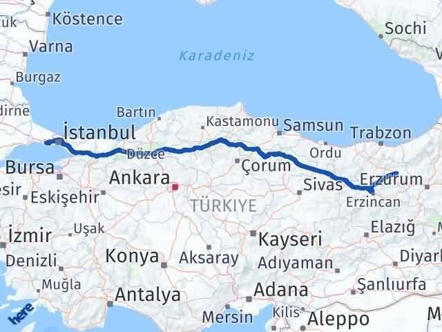İstanbul Büyükçekmece Bayburt Arası Kaç Km - Yol Haritası