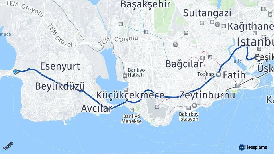 İstanbul Büyükçekmece Beyoğlu Arası Kaç Km - Yol Haritası