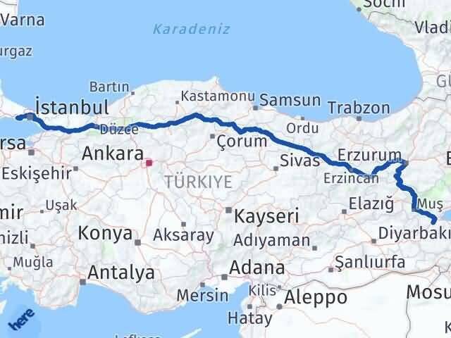 İstanbul Büyükçekmece Bitlis Arası Kaç Km - Yol Haritası