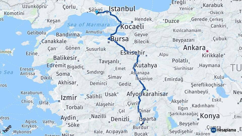 İstanbul Büyükçekmece Burdur Arası Kaç Km - Yol Haritası