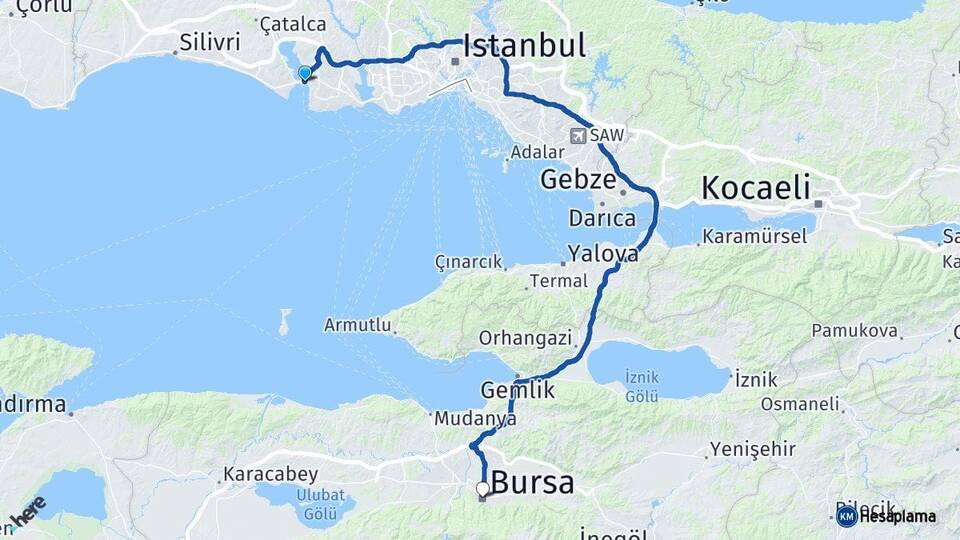 İstanbul Büyükçekmece Bursa Arası Kaç Km - Yol Haritası