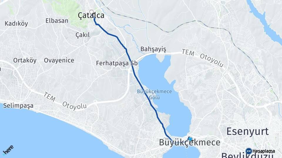İstanbul Büyükçekmece Çatalca Arası Kaç Km - Yol Haritası