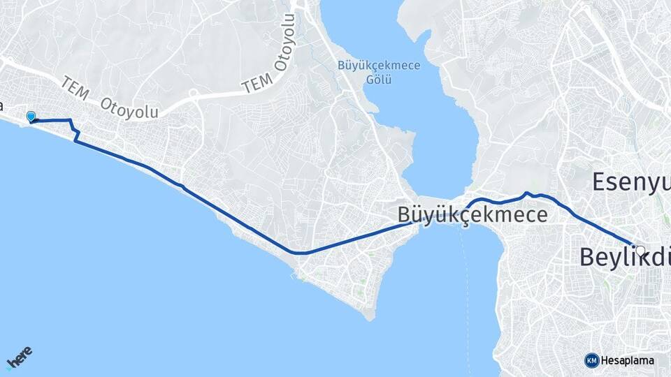 İstanbul Büyükçekmece Celaliye Beylikdüzü Arası Kaç Km - Yol Haritası
