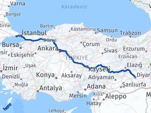 İstanbul Büyükçekmece Diyarbakır Arası Kaç Km - Yol Haritası