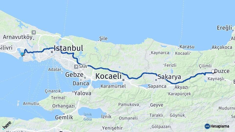İstanbul Büyükçekmece Düzce Arası Kaç Km - Yol Haritası
