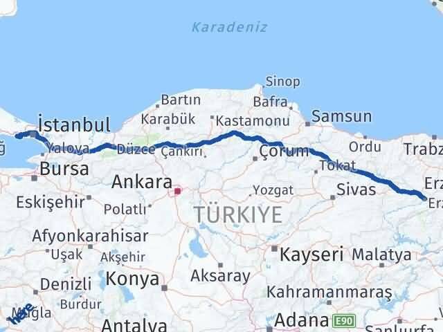 İstanbul Büyükçekmece Erzincan Arası Kaç Km - Yol Haritası