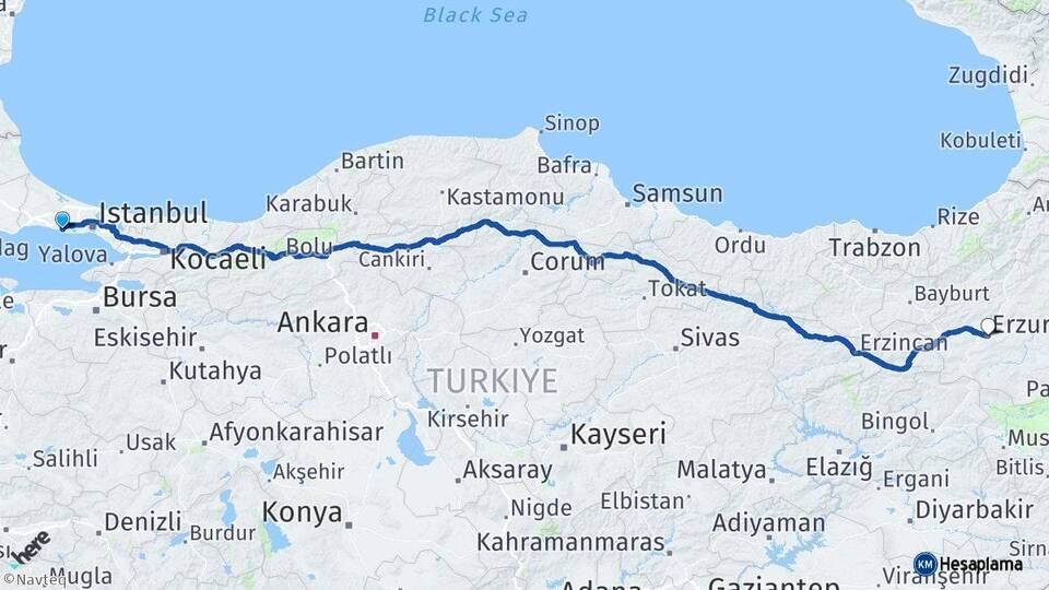 İstanbul Büyükçekmece Erzurum Arası Kaç Km - Yol Haritası