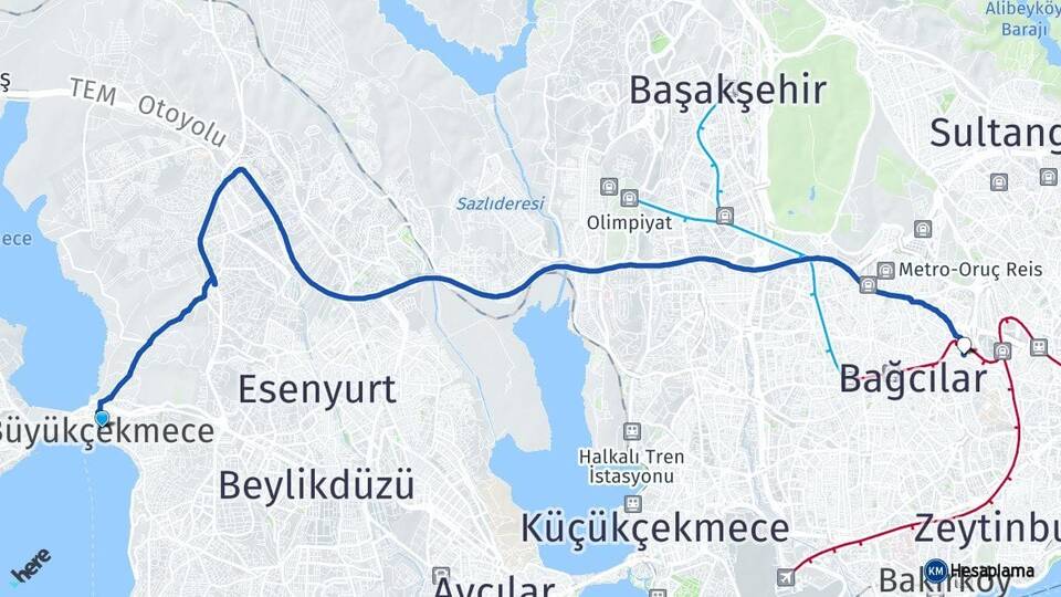 İstanbul Büyükçekmece Esenler Arası Kaç Km - Yol Haritası