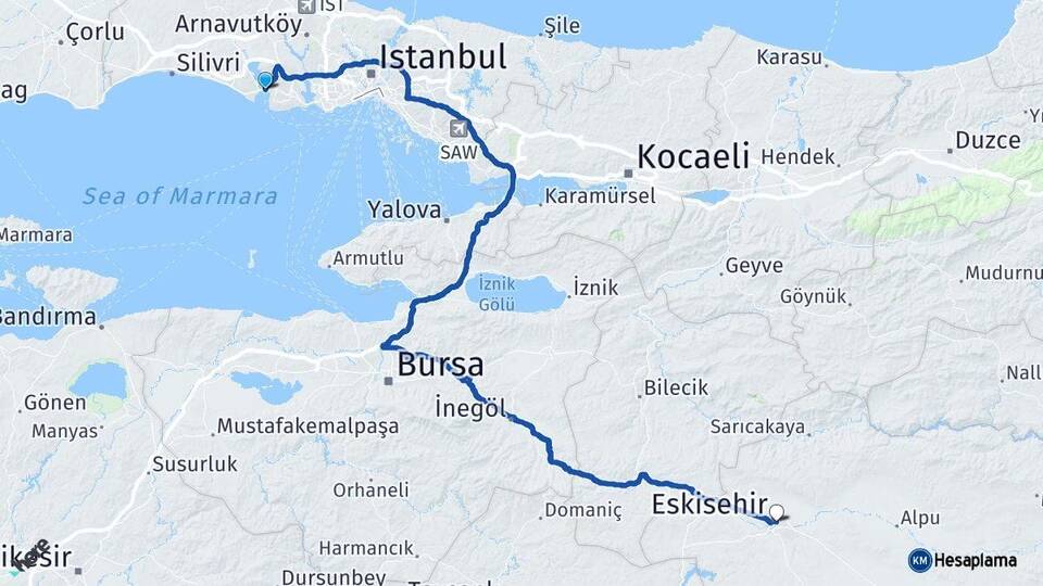 İstanbul Büyükçekmece Eskişehir Arası Kaç Km - Yol Haritası