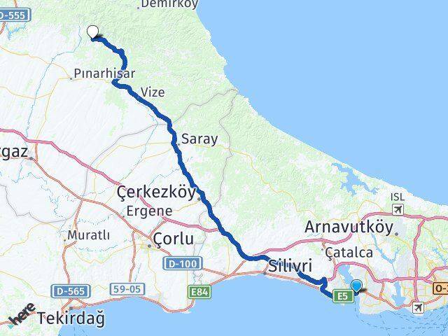 İstanbul Büyükçekmece Evciler Pınarhisar Kırklareli Arası Kaç Km - Yol Haritası