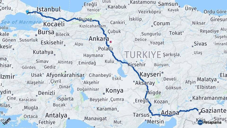 İstanbul Büyükçekmece Gaziantep Arası Kaç Km - Yol Haritası