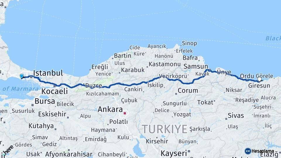 İstanbul Büyükçekmece Giresun Arası Kaç Km - Yol Haritası