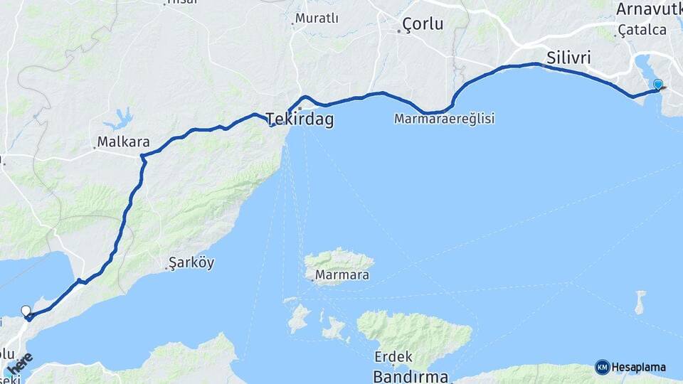 İstanbul Büyükçekmece Güneyli Gelibolu Çanakkale Arası Kaç Km - Yol Haritası
