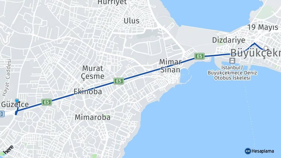 İstanbul Büyükçekmece Güzelce Büyükçekmece Arası Kaç Km - Yol Haritası