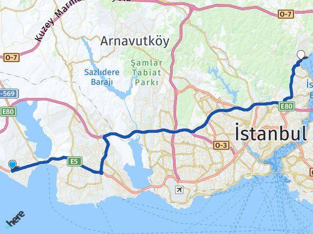 İstanbul Büyükçekmece Güzelce Sarıyer Arası Kaç Km - Yol Haritası
