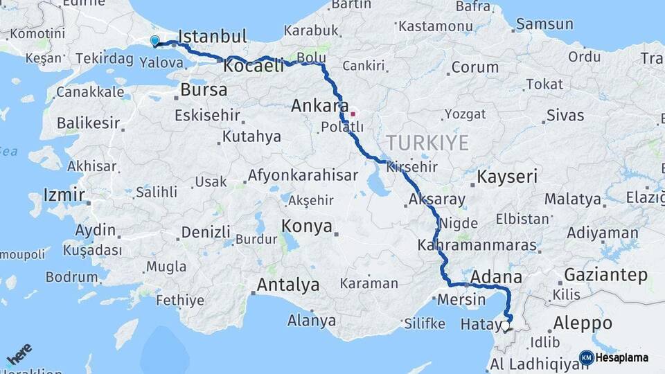 İstanbul Büyükçekmece Hatay Arası Kaç Km - Yol Haritası