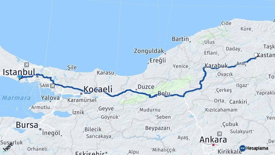 İstanbul Büyükçekmece Kastamonu Arası Kaç Km - Yol Haritası