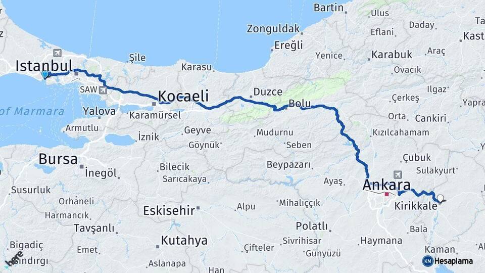 İstanbul Büyükçekmece Kırıkkale Arası Kaç Km - Yol Haritası