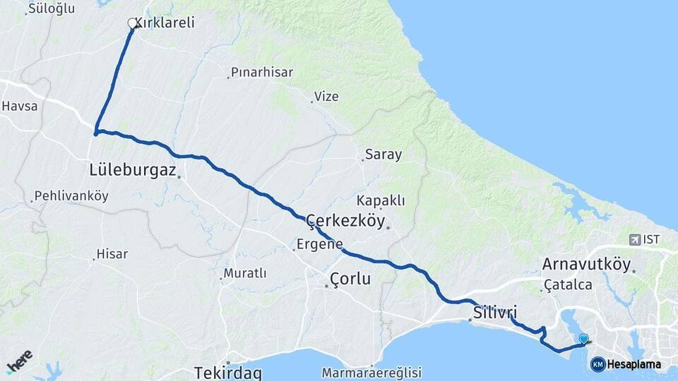 İstanbul Büyükçekmece Kırklareli Arası Kaç Km - Yol Haritası