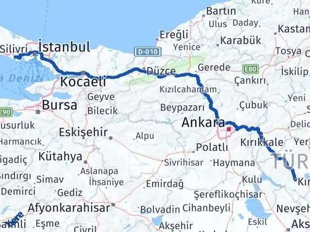 İstanbul Büyükçekmece Kırşehir Arası Kaç Km - Yol Haritası