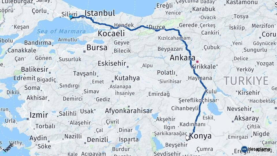 İstanbul Büyükçekmece Konya Arası Kaç Km - Yol Haritası