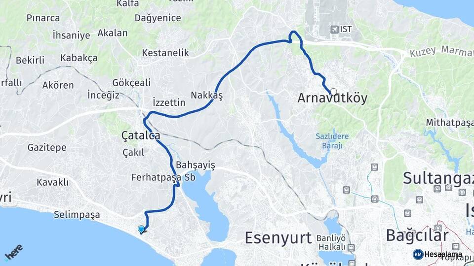 İstanbul Büyükçekmece Kumburgaz Arnavutköy Arası Kaç Km - Yol Haritası