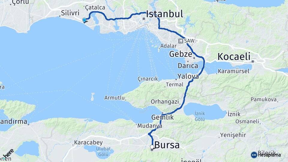 İstanbul Büyükçekmece Kumburgaz Bursa Arası Kaç Km - Yol Haritası
