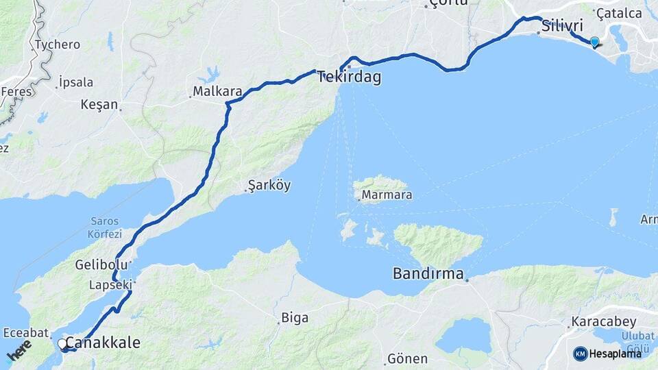 İstanbul Büyükçekmece Kumburgaz Çanakkale Arası Kaç Km - Yol Haritası