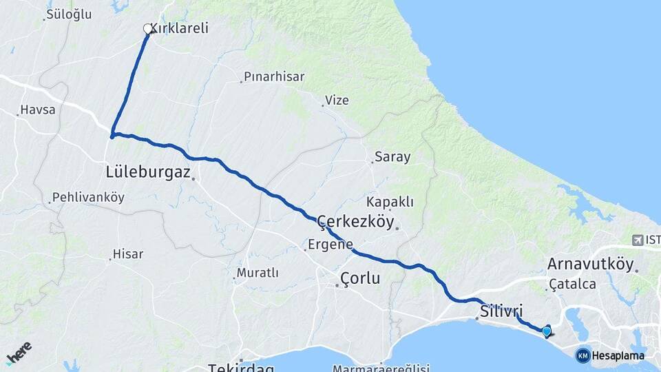 İstanbul Büyükçekmece Kumburgaz Kırklareli Arası Kaç Km - Yol Haritası