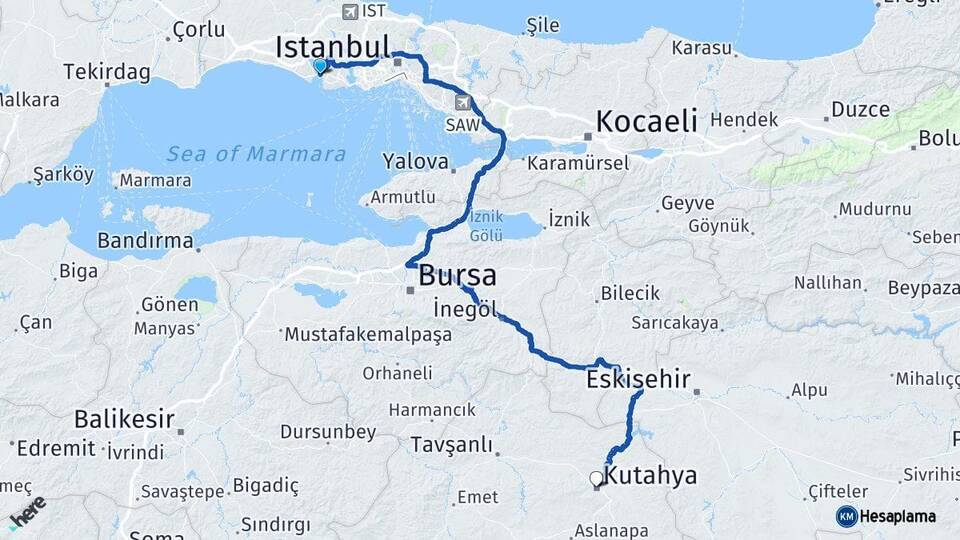 İstanbul Büyükçekmece Kütahya Arası Kaç Km - Yol Haritası
