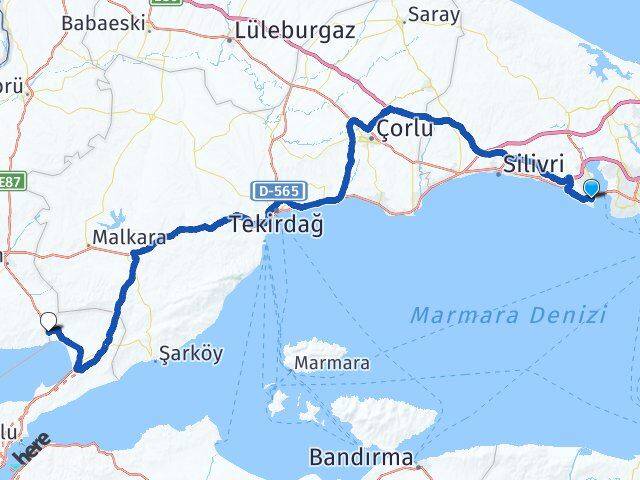 İstanbul Büyükçekmece Mimaroba Adilhan Gelibolu Çanakkale Arası Kaç Km - Yol Haritası