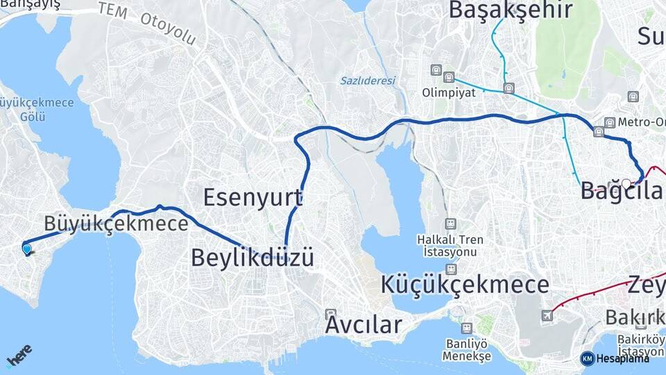İstanbul Büyükçekmece Mimaroba Bağcılar Arası Kaç Km - Yol Haritası