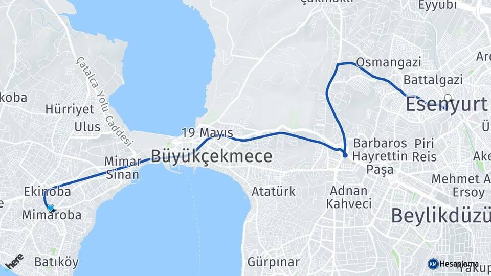 İstanbul Büyükçekmece Mimaroba Esenyurt Arası Kaç Km - Yol Haritası