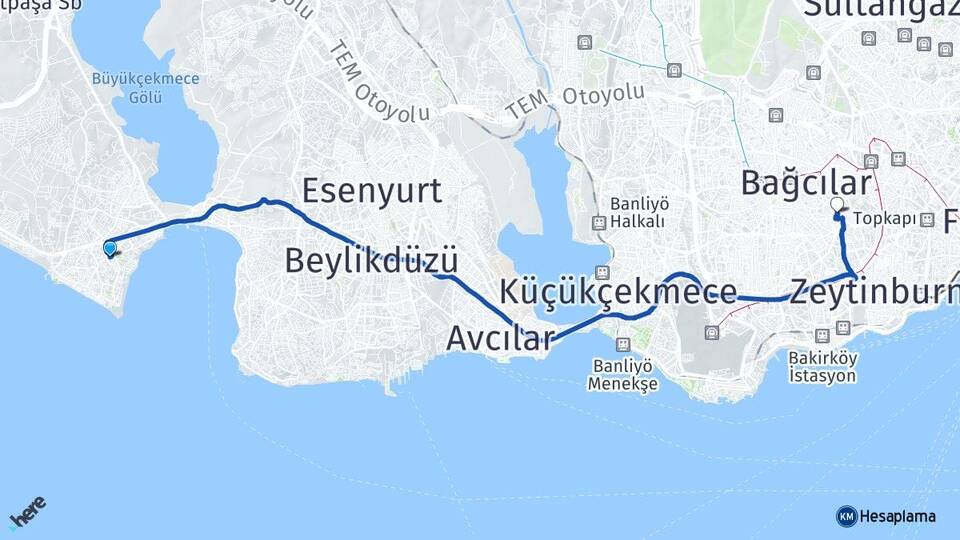İstanbul Büyükçekmece Mimaroba Güngören Arası Kaç Km - Yol Haritası