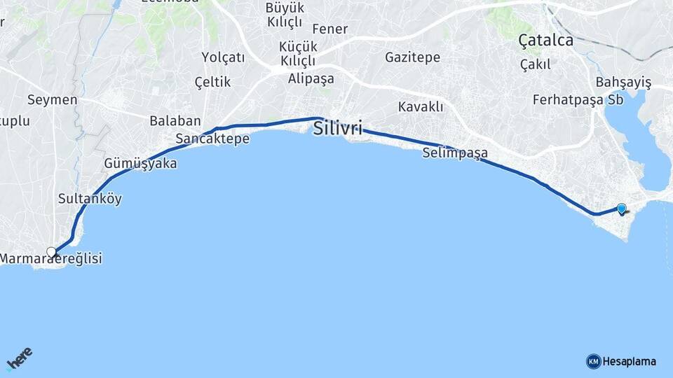 İstanbul Büyükçekmece Mimaroba Marmaraereğlisi Tekirdağ Arası Kaç Km - Yol Haritası