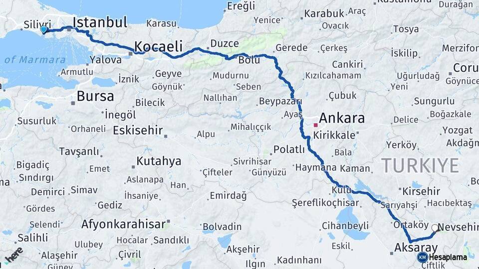 İstanbul Büyükçekmece Nevşehir Arası Kaç Km - Yol Haritası