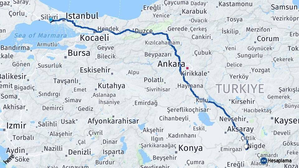 İstanbul Büyükçekmece Niğde Arası Kaç Km - Yol Haritası