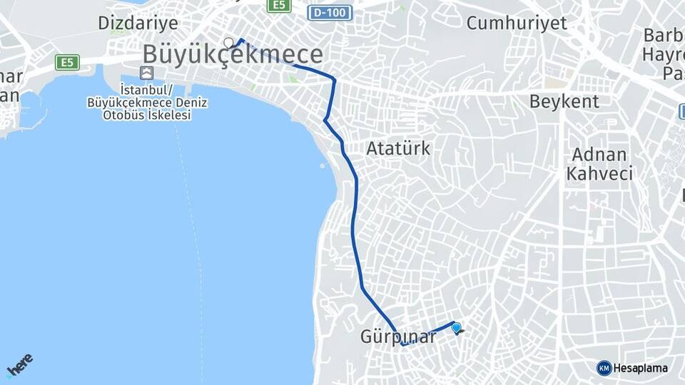 İstanbul Büyükçekmece Pınartepe Büyükçekmece Arası Kaç Km - Yol Haritası