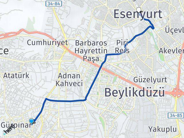 İstanbul Büyükçekmece Pınartepe Esenyurt Arası Kaç Km - Yol Haritası