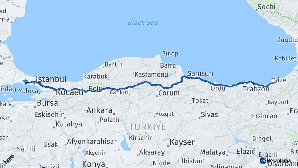 İstanbul Büyükçekmece Rize Arası Kaç Km - Yol Haritası