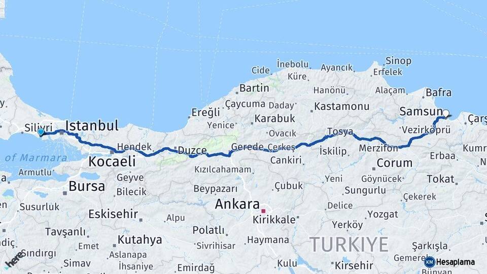 İstanbul Büyükçekmece Samsun Arası Kaç Km - Yol Haritası