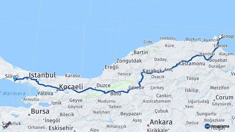 İstanbul Büyükçekmece Sinop Arası Kaç Km - Yol Haritası