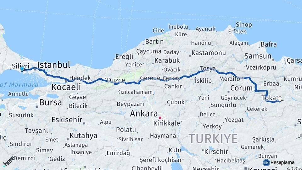 İstanbul Büyükçekmece Tokat Arası Kaç Km - Yol Haritası