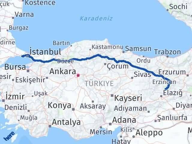 İstanbul Büyükçekmece Tunceli Arası Kaç Km - Yol Haritası
