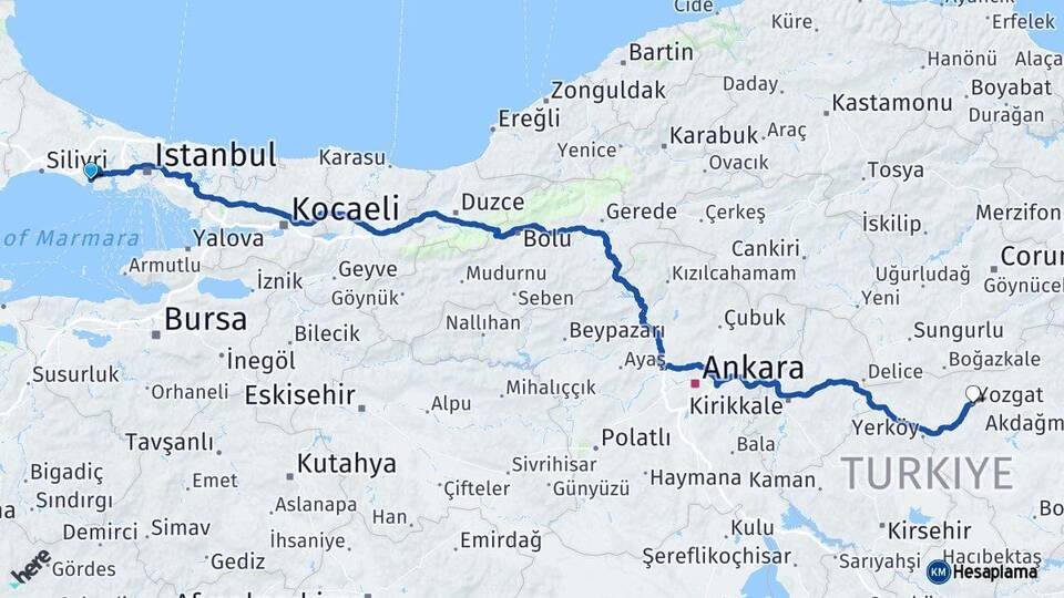İstanbul Büyükçekmece Yozgat Arası Kaç Km - Yol Haritası