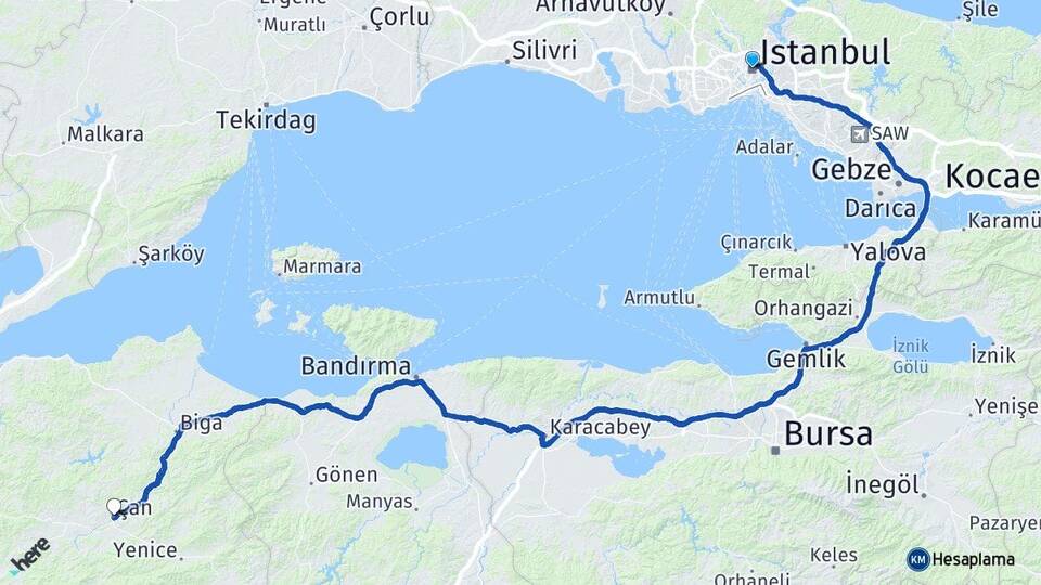 İstanbul Çan Çanakkale Arası Kaç Km - Yol Haritası